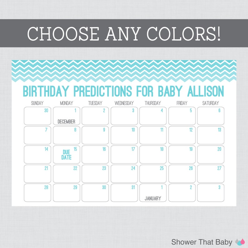 Baby Birthday Predictions Printable Chevron Baby Shower Calendar Birthday Guess the Birth Date Poster - Ombre Chevron bild 1
