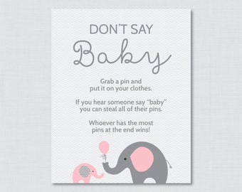 Don't Say Baby Baby Shower Game Printable Elephant Don't Say Baby Sign Diaper Pin Clothes Pin Game - Instant Download - Pink 0024-P
