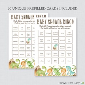 May include: Two printable baby shower game cards featuring a dinosaur theme. The cards are titled "Baby Shower Bingo" and "Baby Shower RINGO". The cards have a grid of squares with various baby-related items listed in each square. The cards are decorated with cute dinosaurs and palm trees.