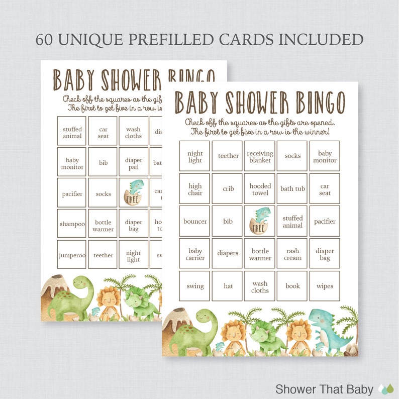 May include: Two printable baby shower game cards featuring a dinosaur theme. The cards are titled "Baby Shower Bingo" and "Baby Shower RINGO". The cards have a grid of squares with various baby-related items listed in each square. The cards are decorated with cute dinosaurs and palm trees.