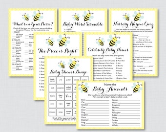 Bumble Bee Baby Shower Games Package in Yellow - Seven Printable Games: Bingo, Price is Right, Purse Game, Nursery Rhyme + More - 0021