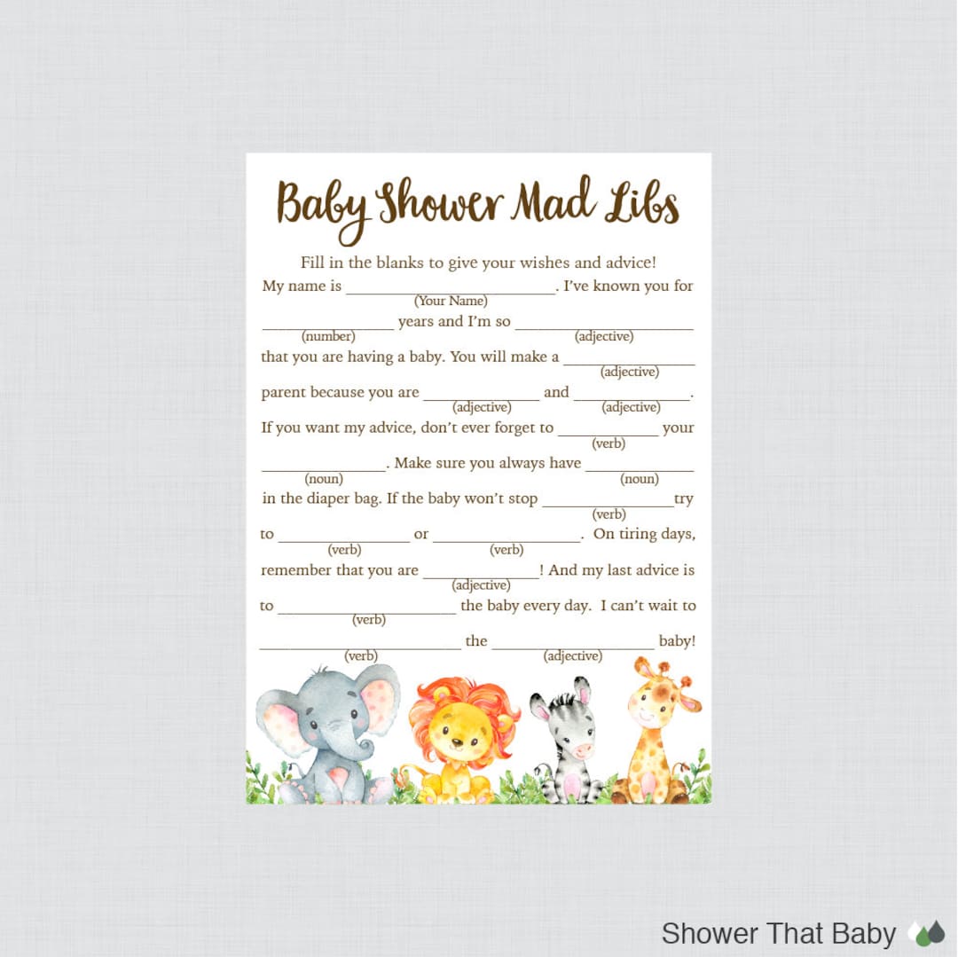 Safari Baby Shower Mad Libs Printable Baby Advice Cards Mad Libs Game
