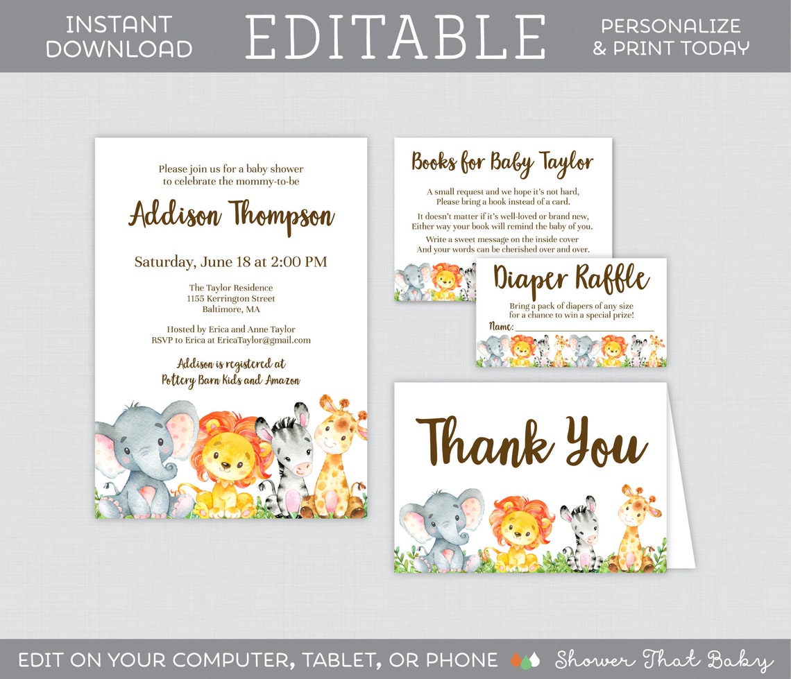 EDITABLE Safari Baby Shower Invitation Suite Printable - Etsy