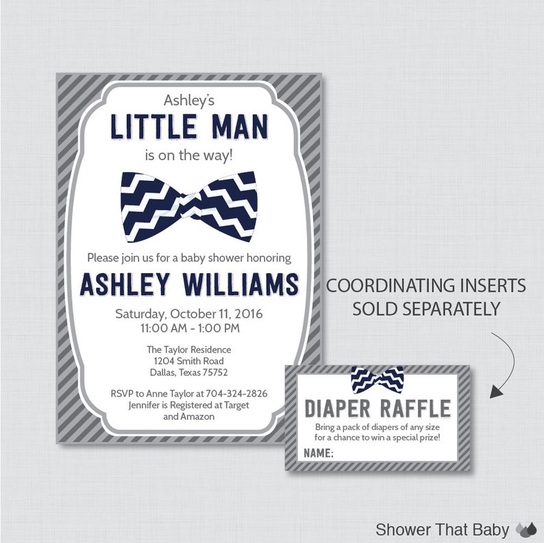 Bow Tie Baby Shower Invitation Printable or Printed Navy and | Etsy