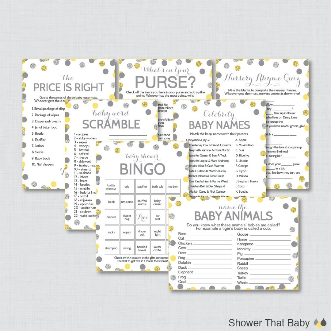 Yellow and Gray Baby Shower Games Package With Glitter Dots - Seven ...