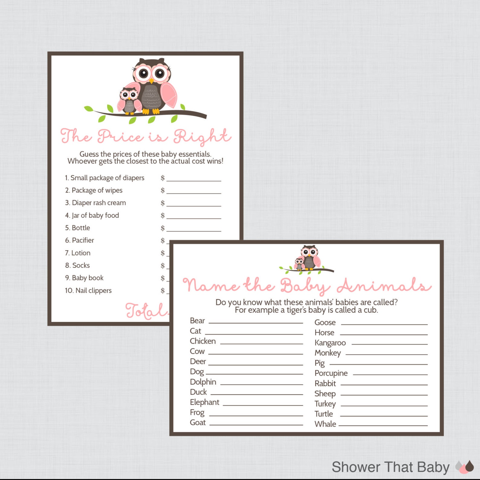 Owl Baby Shower Games Package in Pink and Brown Seven Etsy