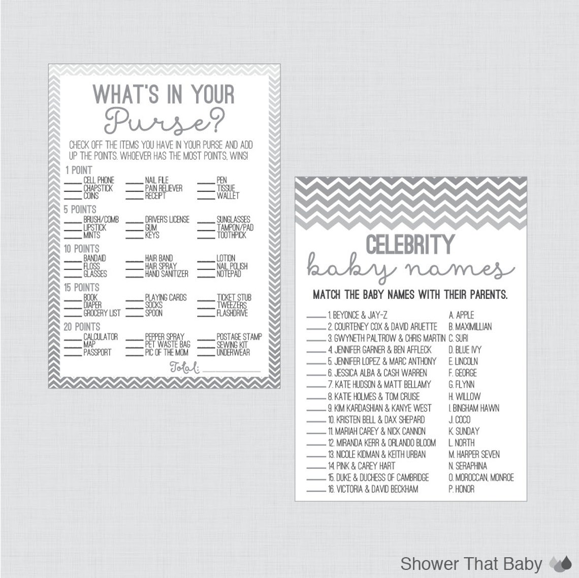 Chevron Baby Shower Games Package in Gray Seven Printable - Etsy