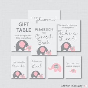 Printable Elephant Baby Shower Table Signs - EIGHT Signs! Welcome Sign, Favors Sign, etc - Instant Download - Pink and Gray Signs 0024-P