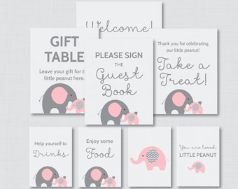 Printable Elephant Baby Shower Table Signs - EIGHT Signs! Welcome Sign, Favors Sign, etc - Instant Download - Pink and Gray Signs 0024-P