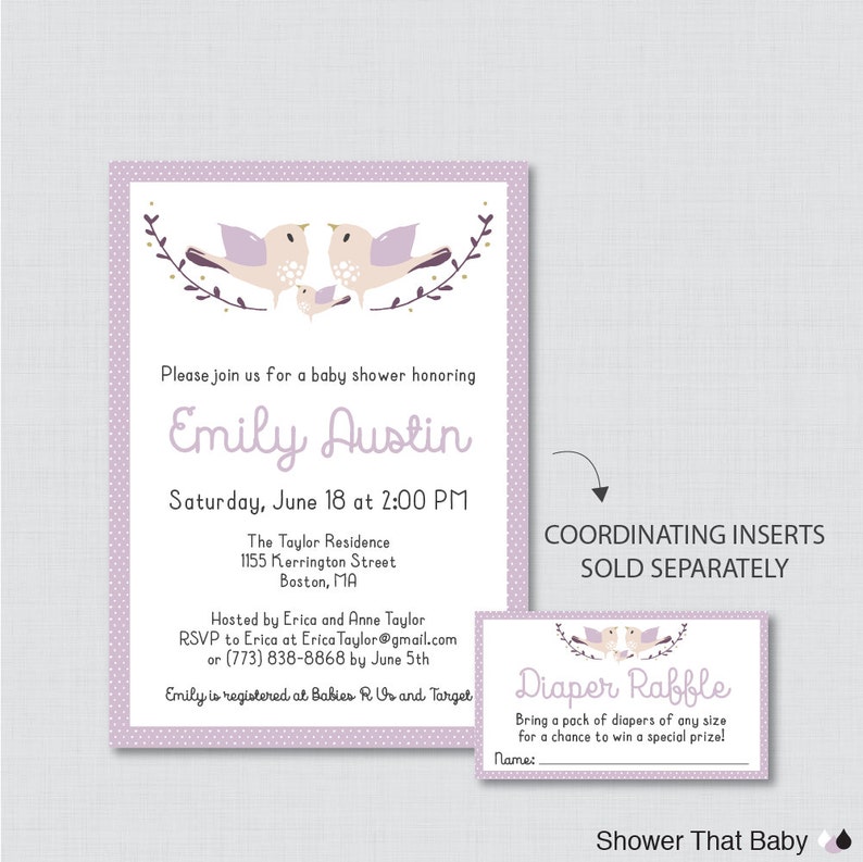 Purple Birdie Baby Shower Invites Bird Shower Invitation Baby Girl Invitation Bird Baby Shower Invitation Printable or Printed 0037-R