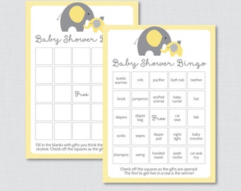 Elephant Baby Shower Bingo Cards - Prefilled Bingo AND Blank Cards - Instant Download - Yellow and Gray Elephant Baby Shower - 0024-Y