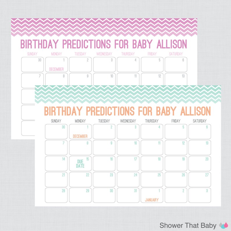 Baby Birthday Predictions Printable Chevron Baby Shower Calendar Birthday Guess the Birth Date Poster - Ombre Chevron bild 3