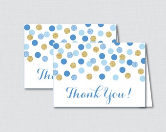 Blue and Gold Printable Glitter Thank You Card - Instant Download - Blue and Gold Polka Dots Baby Shower Thank You Card - 0008-b