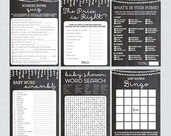 Baby Shower Games Package in Chalkboard- Six Printable Games: Bingo, Price is Right, etc - Instant Download - Chalkboard Collection