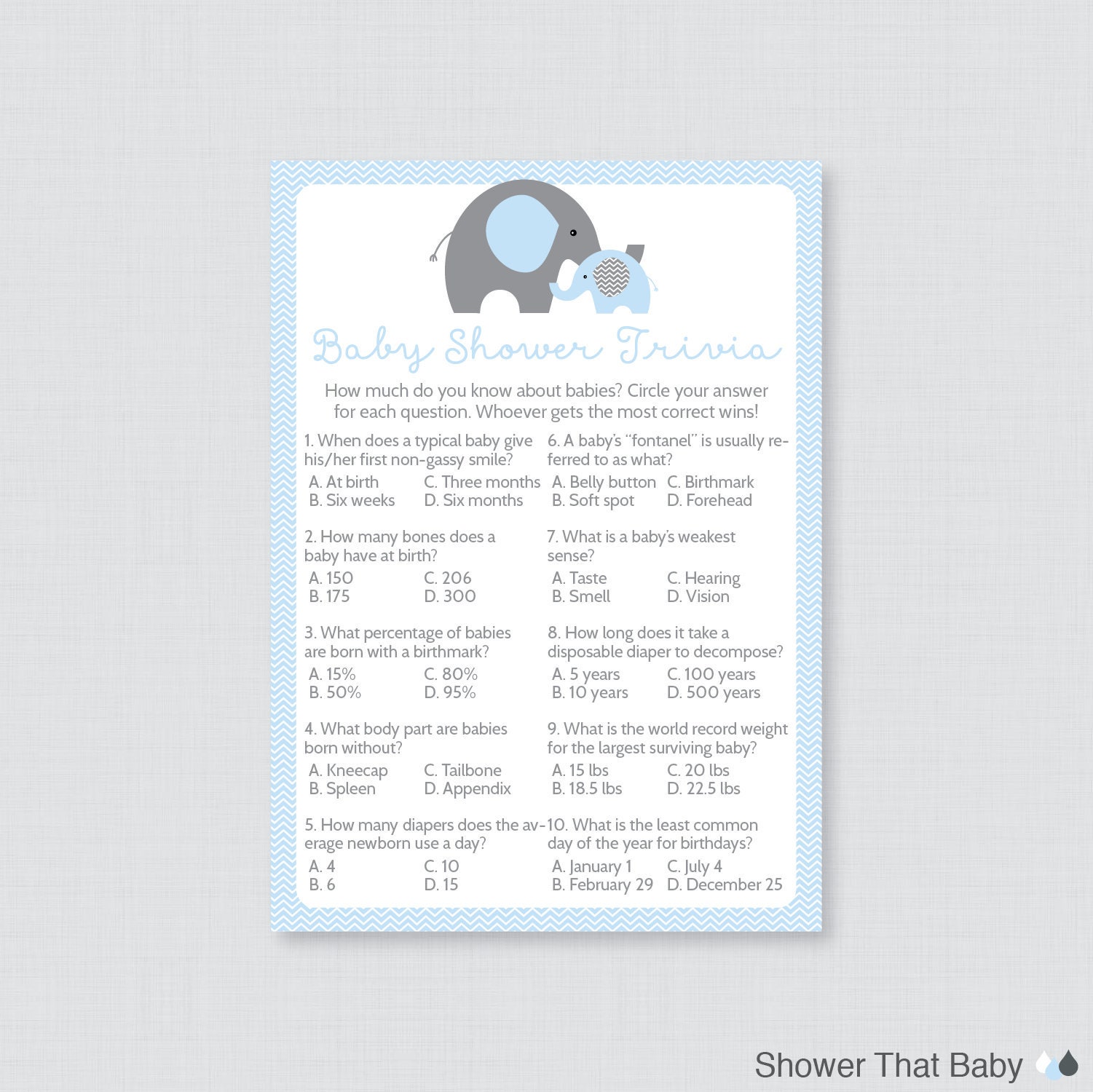 Elephant Baby Shower Trivia Game Printable Blue Elephant Etsy Ireland