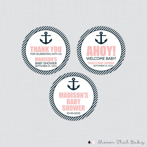 DIY Pink & Navy nautical theme baby shower favors for girl mini candy  stickers