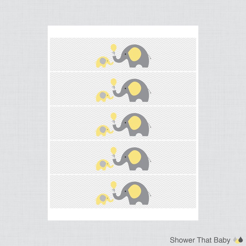 Elephant Water Bottle Labels Baby Shower Printable Yellow Etsy