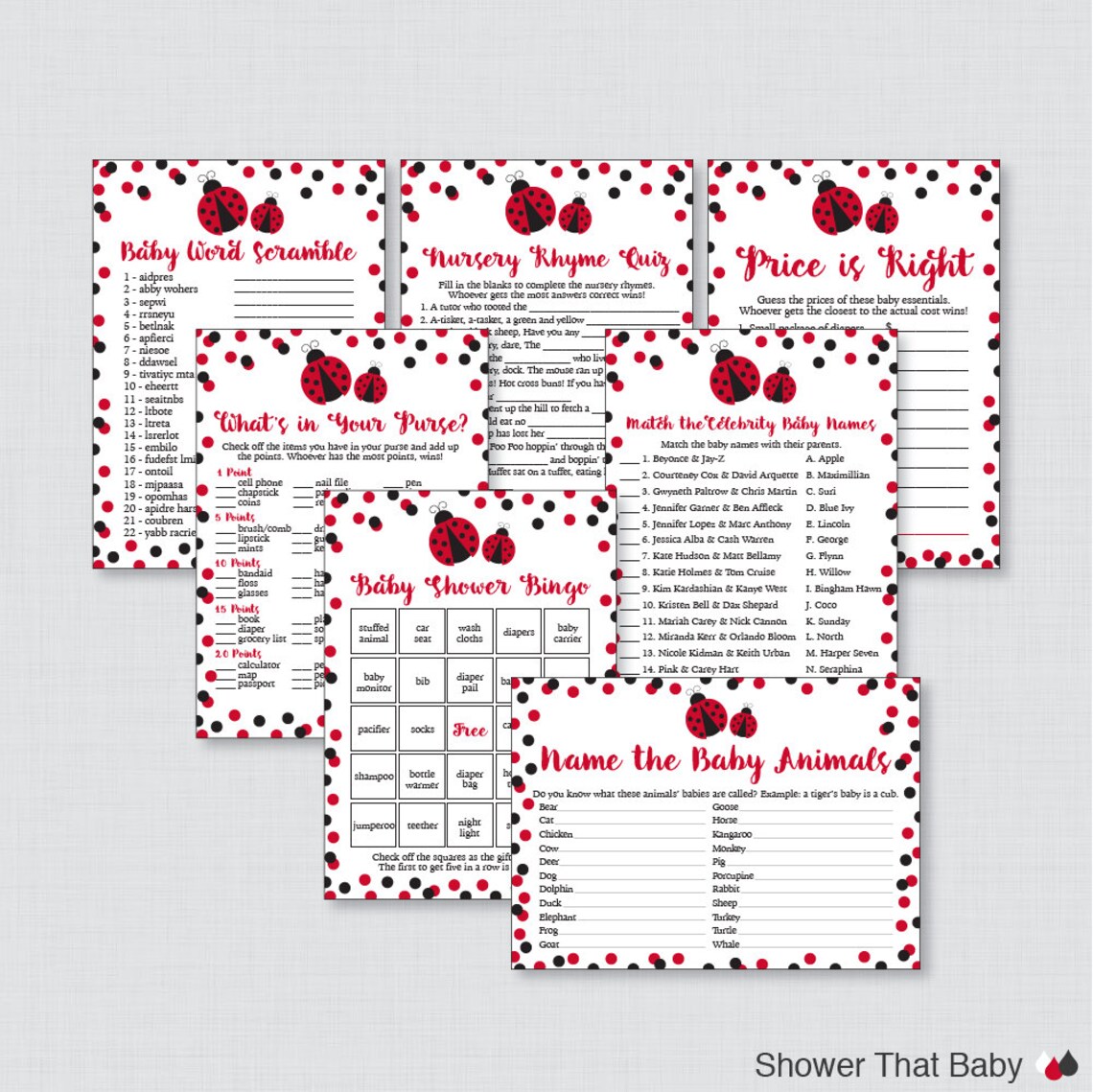 Ladybug Baby Shower Games Package Seven Printable Games: | Etsy