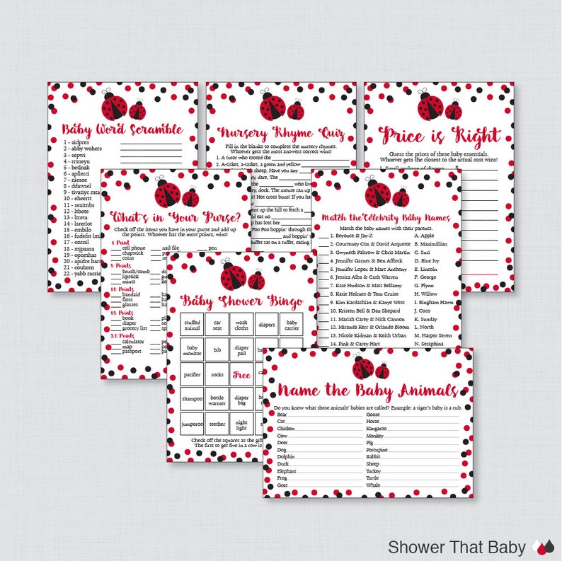 Ladybug Baby Shower Games Package Seven Printable Games