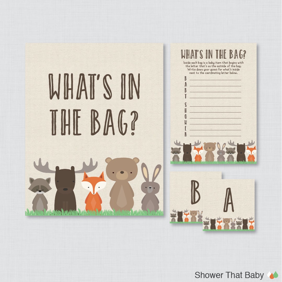 Woodland Baby Shower Bags Game Printable Guess What's in the Bag Game
