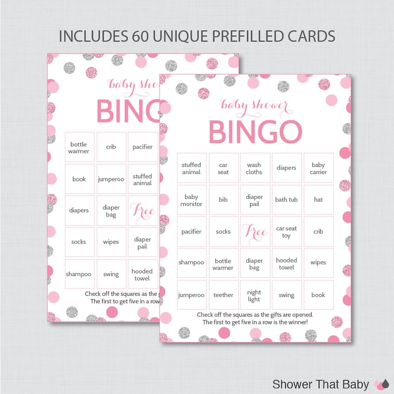 Pink and Silver Baby Shower Bingo Cards Printable Blank - Etsy