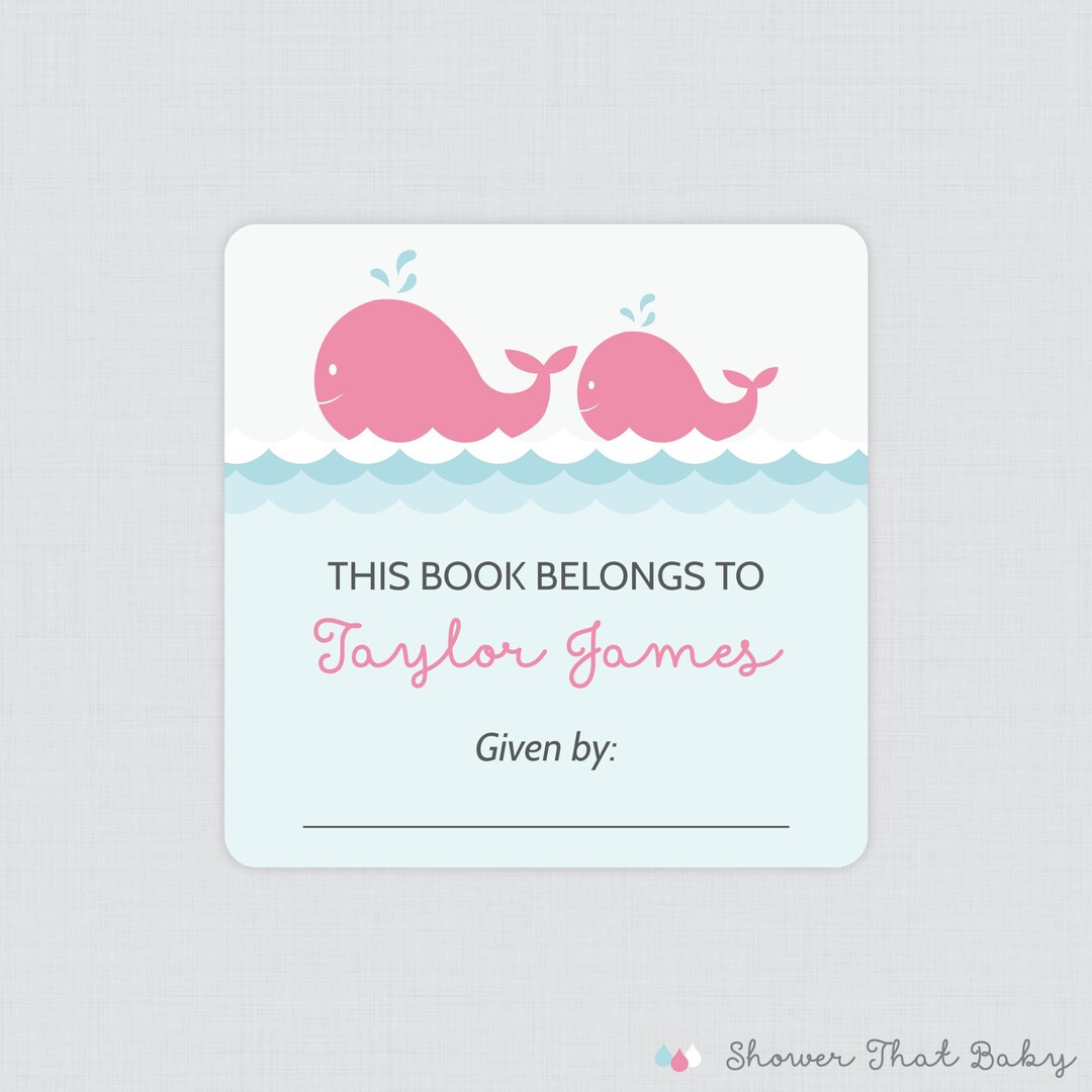 PRINTED Whale Themed Bookplate Stickers - Pink Whale Baby Shower Book ...