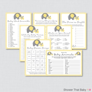 May include: A set of printable baby shower games featuring a yellow and gray elephant theme. The games include Baby Word Scramble, Nursery Rhyme Quiz, The Price is Right, What's in Your Purse?, Baby Shower Bingo, and Name the Baby Animals.