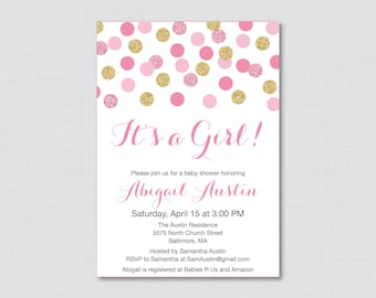 Pink and Gold Baby Shower Invitation Printable or Printed Invite - Pink and Gold Glitter Polka Dots Baby Shower Invites - Baby Invite 0008-p