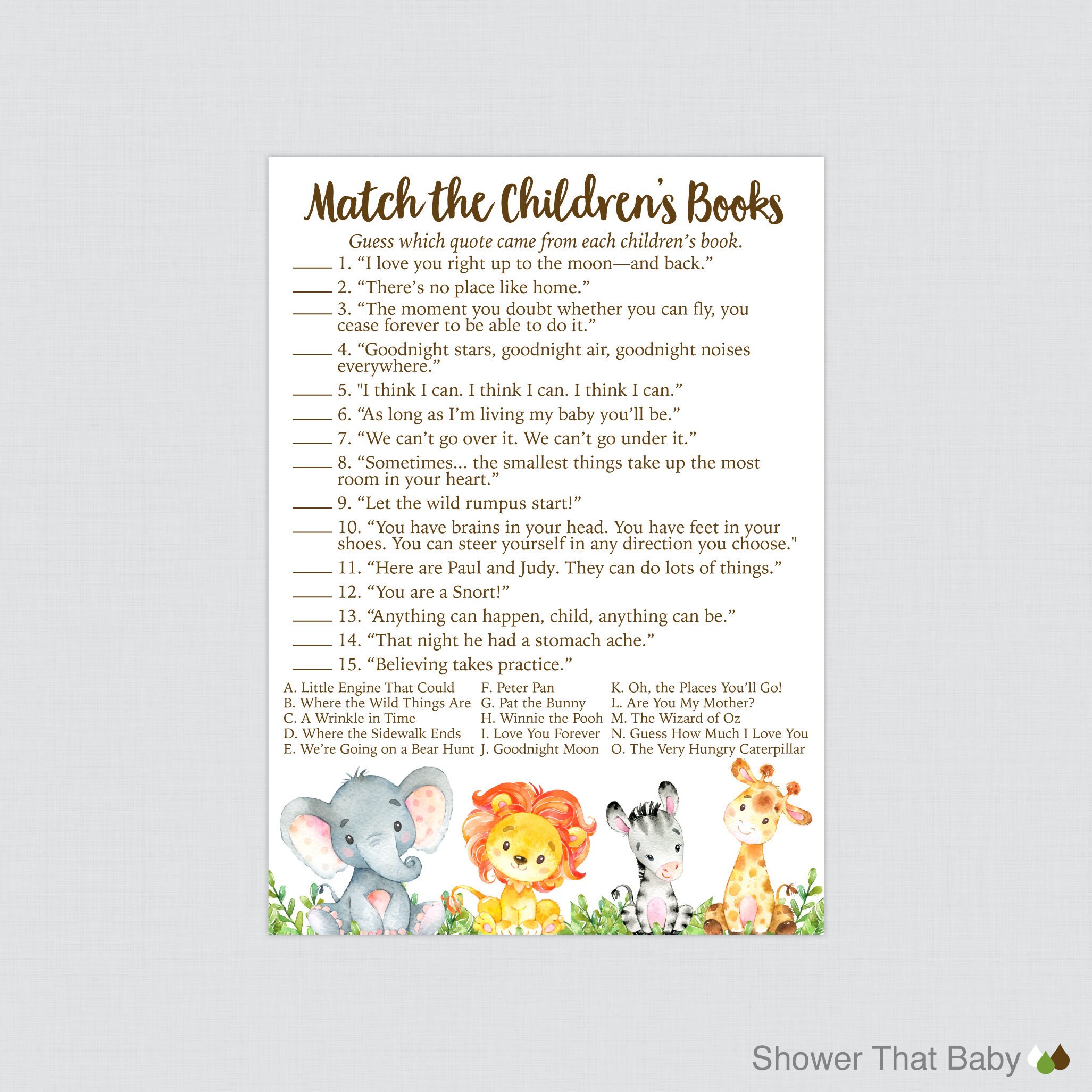 Safari Baby Children's Book Match Game Printable - Safari Animal Themed Match the Children's Book Quotes Quiz - Instant Download 0060
