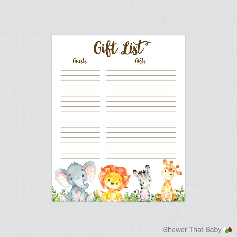 May include: Printable gift list with the text "Gift List" at the top. The list is divided into two columns labeled "Guests" and "Gifts". The bottom of the page features a row of cartoon animals including an elephant, lion, zebra, and giraffe.