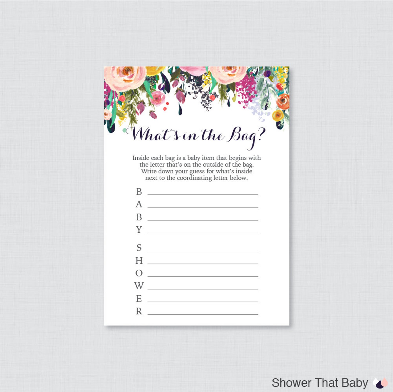 Floral Baby Shower Bags Game Printable Guess What's in Etsy