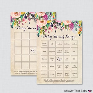 May include: A floral-themed baby shower bingo card with a free space and squares to fill in with gifts. The card has a pink, yellow, and green floral design with a white background.