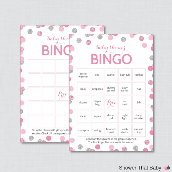 Pink and Silver Baby Shower Bingo Cards - Printable Blank Bingo Cards AND PreFilled Cards - Pink and Gray Baby Shower Bingo - 0023-P