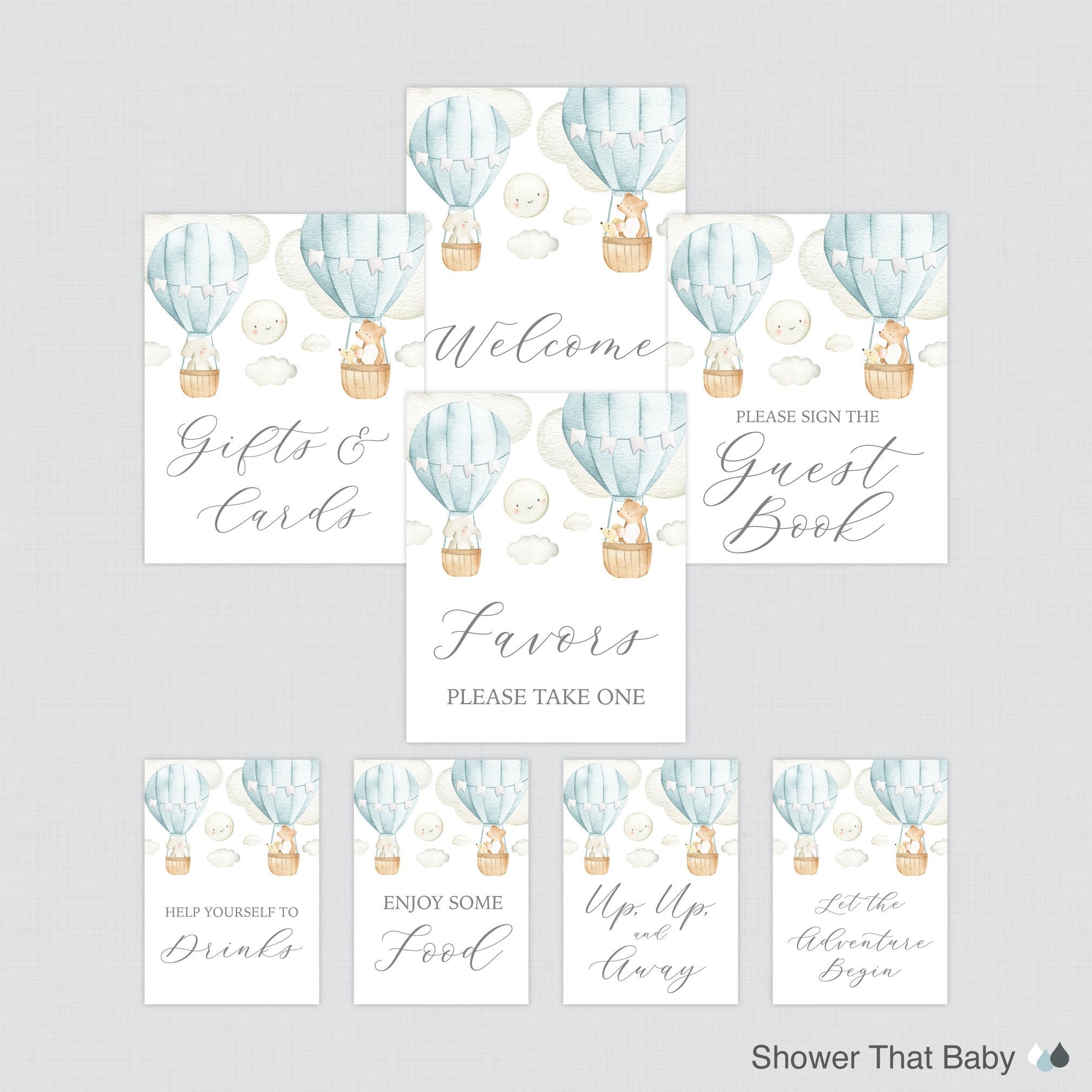 Printable Hot Air Balloon Baby Shower Table Signs in Blue | Etsy