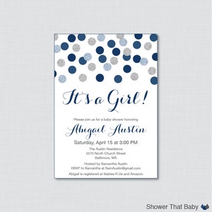 Navy and Gray Baby Shower Invitation Printable or Printed - Silver and Navy Glitter Baby Shower Invites - Navy Baby Shower Invitation 0023-N