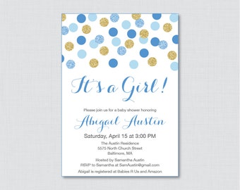 Blue and Gold Baby Shower Invitation Printable or Printed - Gold and Blue Glitter Baby Shower Invites - Blue Baby Shower Invitation - 0008-B