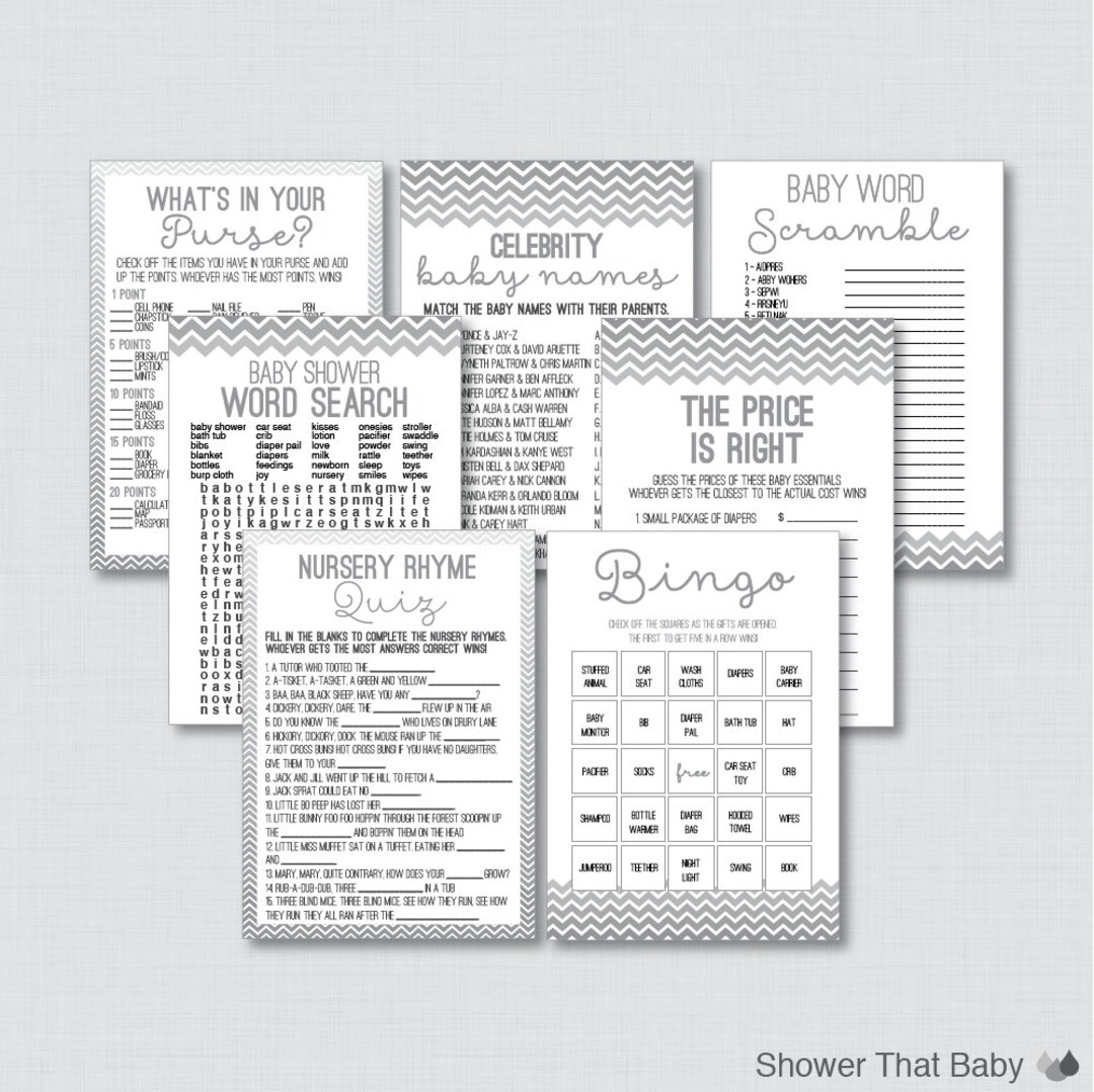 Chevron Baby Shower Games Package in Gray Seven Printable Games: Bingo ...