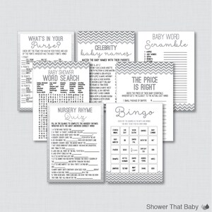 Chevron Baby Shower Games Package in Gray Seven Printable Games: Bingo ...