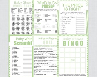 Baby Shower Games Package in Green - Six Printable Baby Shower Games - Bingo, Word Scramble, Purse Game, etc - Instant Download