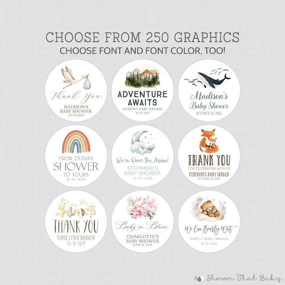 PRINTED Baby Shower Stickers - Choose Your Graphic, Font, and Font Color - Personalized Favor Labels for Baby Shower or Party - 0082