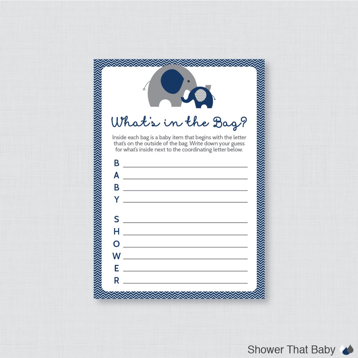 Elephant Baby Shower Bags Game Printable Guess What's in Etsy