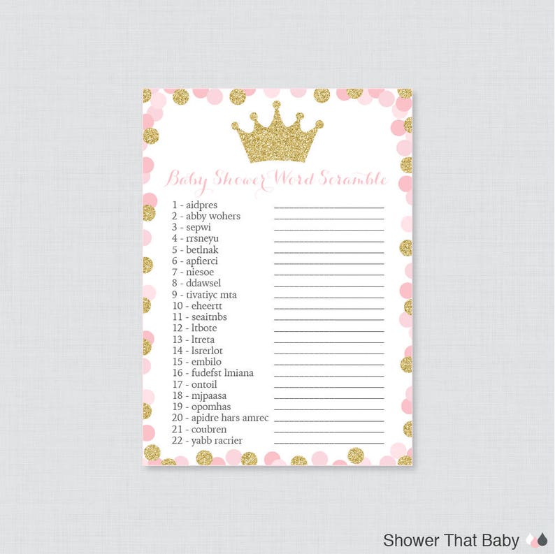Princess Baby Shower Word Scramble Game Printable Instant Pink And Gold Glitter Themed 0070 G