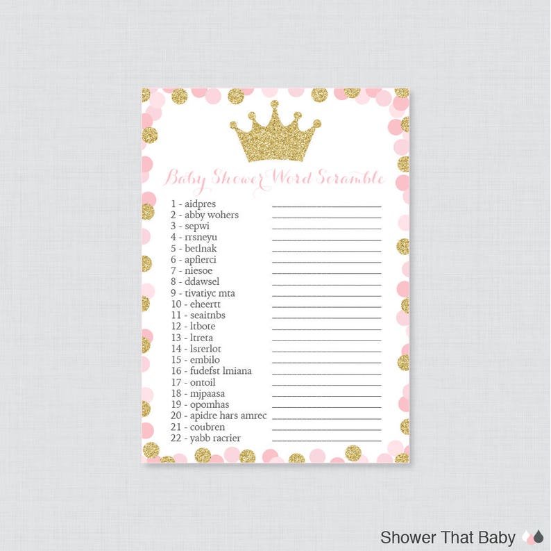 Princess Baby Shower Word Scramble Game Printable Instant Download Pink and Gold Glitter Princess Themed Baby Shower Word Scramble 0070-G image 1