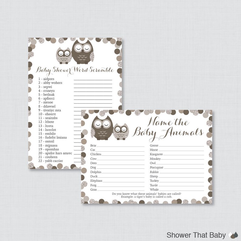 Brown Owl Baby Shower Games Package Seven Printable Games Etsy
