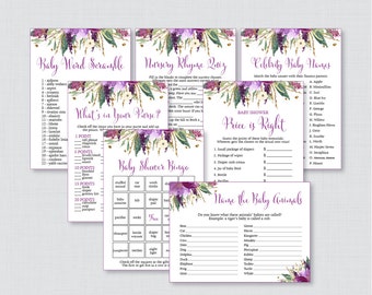 Floral Baby Shower Games Package - Seven Printable Games: Bingo, Price is Right, Purse Game, Nursery Rhyme - Purple and Gold Flower 0045