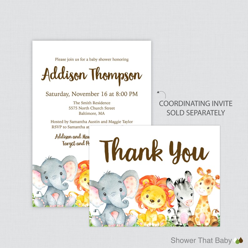 Safari Animal Themed Thank You Postcards Elephant Giraffe Lion Zebra 0060 Printable or Printed Safari Baby Shower Thank You Postcards