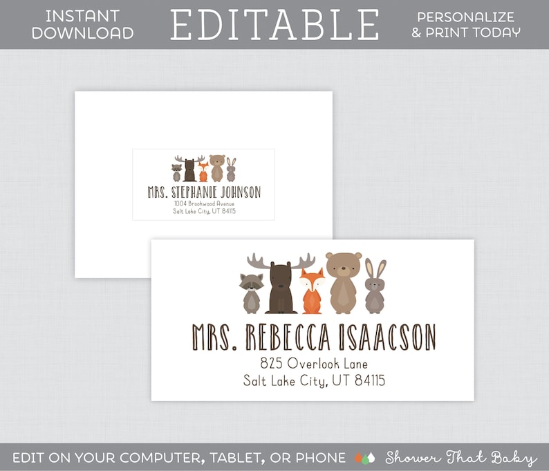 EDITABLE Woodland Address Labels Woodland Baby Shower Guest Etsy
