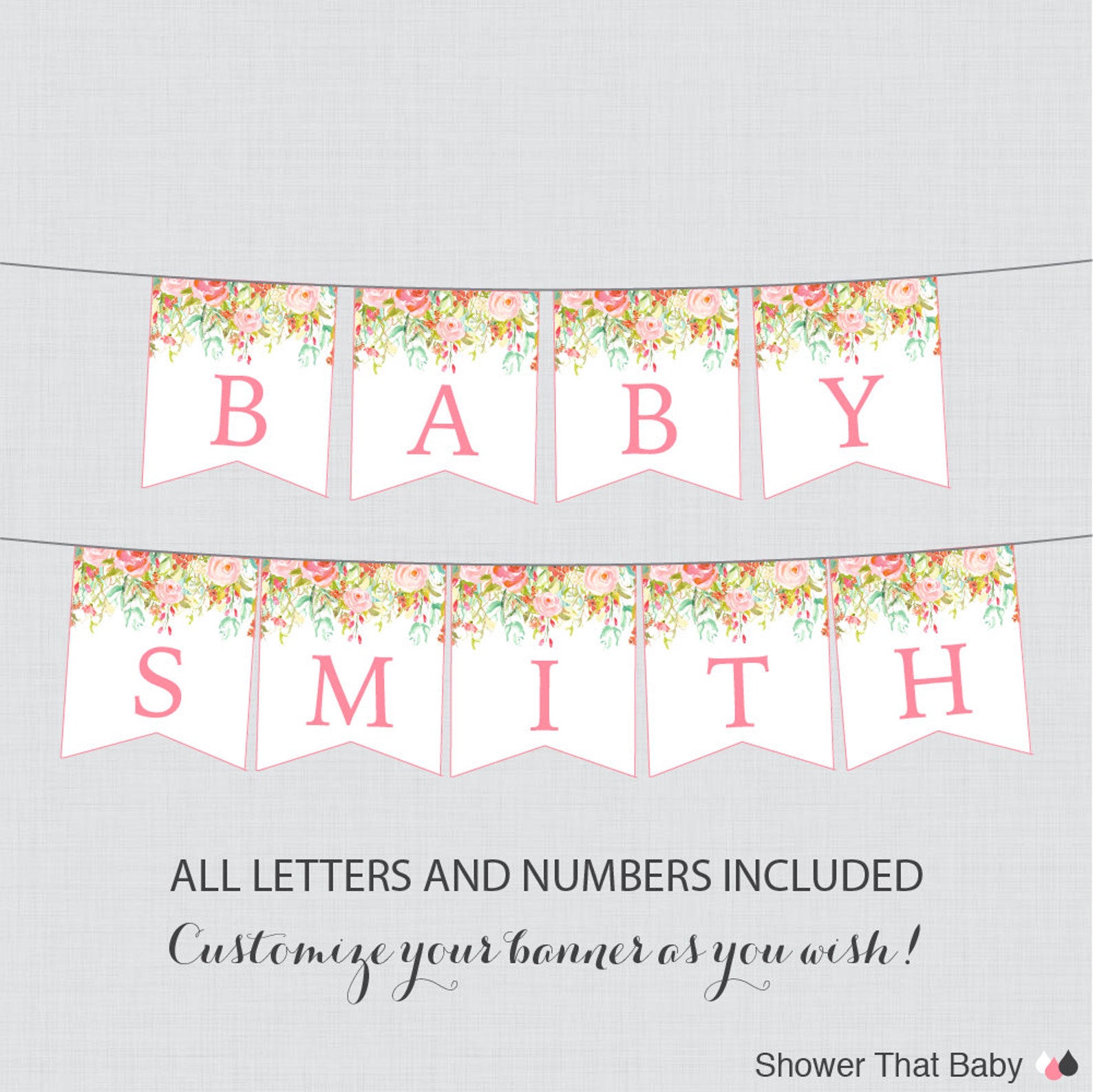 Printable Floral Baby Shower Banner Pink and Gold Flower - Etsy