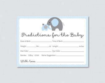 Elephant Baby Shower Prediction Cards - Instant Download - Blue and Gray Baby Statistics Game Guess Baby's Birthday, Weight, etc -  0024-B