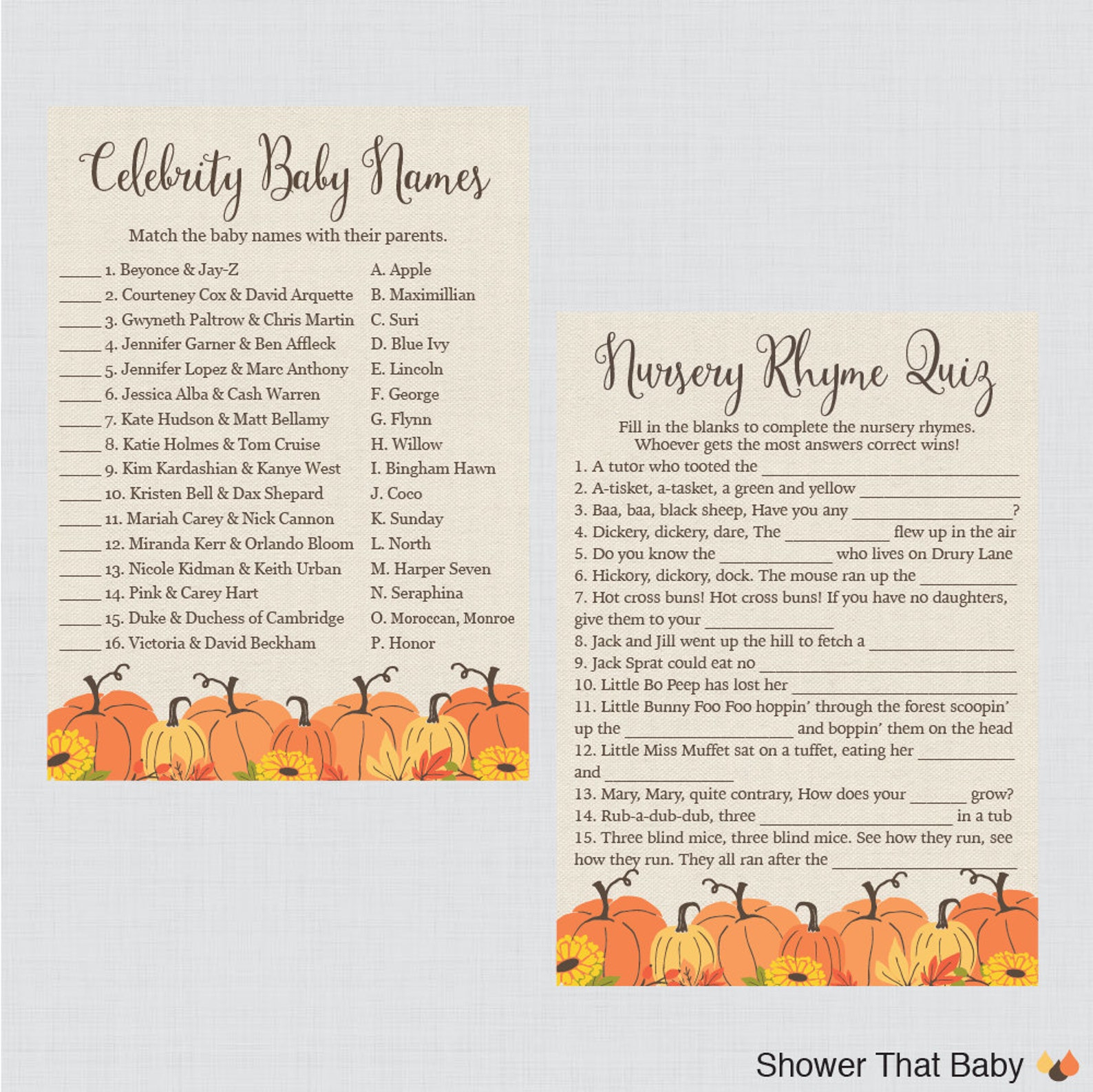 Pumpkin Baby Shower Games Package Seven Printable Games Etsy
